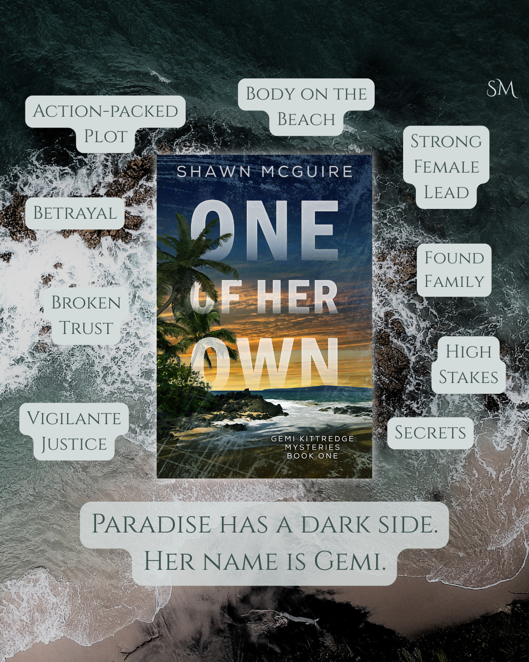 Book cover of 'One of Her Own' by Shawn McGuire with beach scene and text about plot elements.