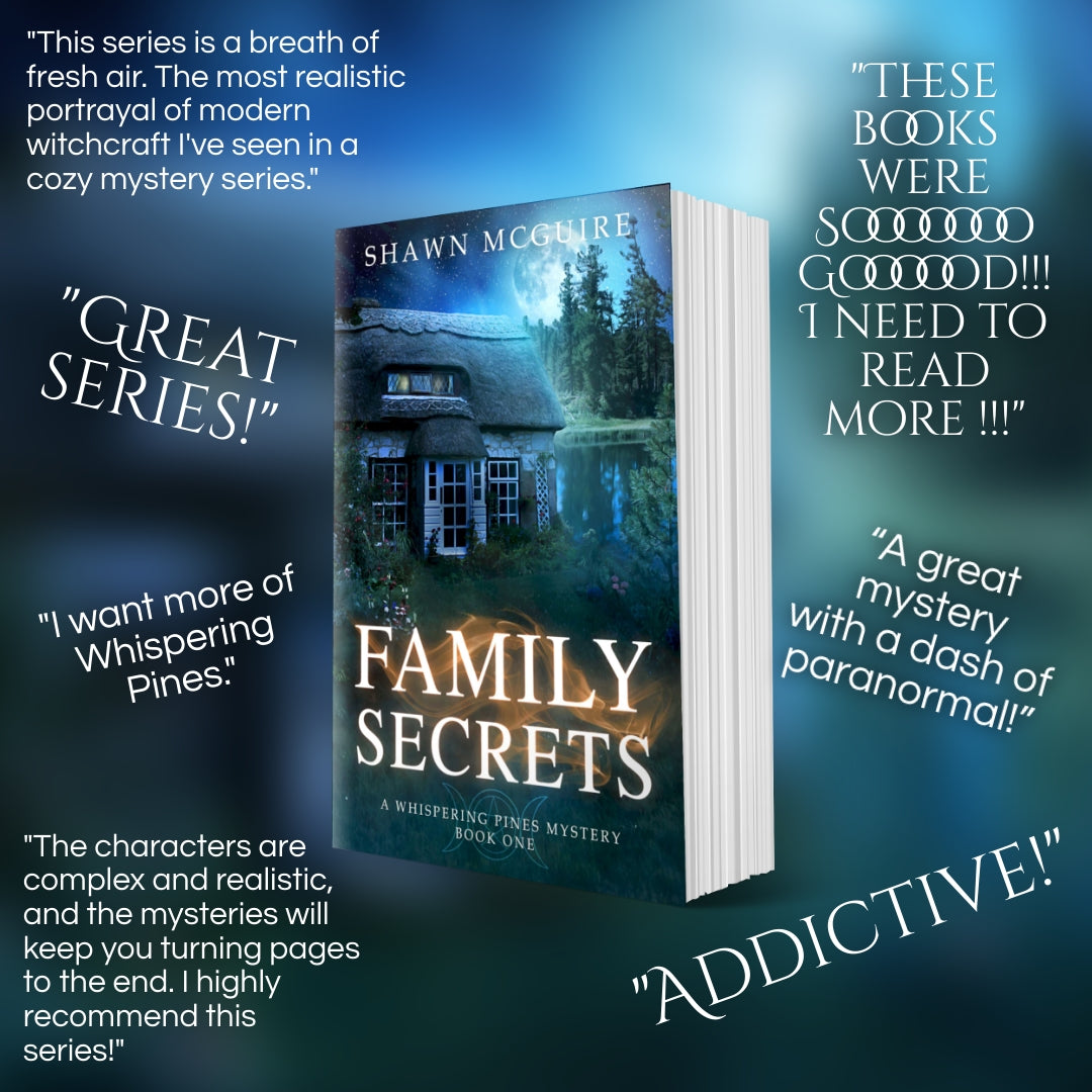 Book titled 'Family Secrets' by Shawn McGuire with positive reviews on a blue gradient background