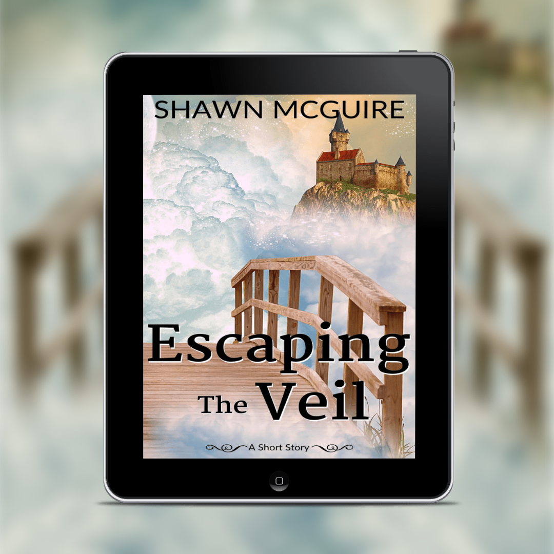 Ebook cover of short fantasy story 'Escaping The Veil' by Shawn McGuire on a tablet with a blurred background