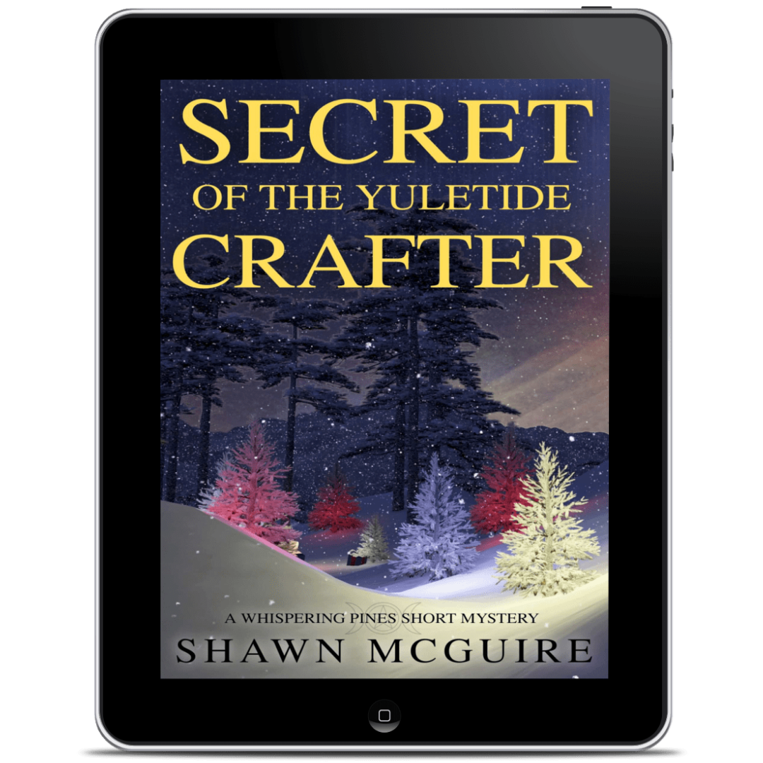Digital book cover of 'Secret of the Yuletide Crafter' by Shawn McGuire displayed on a tablet.