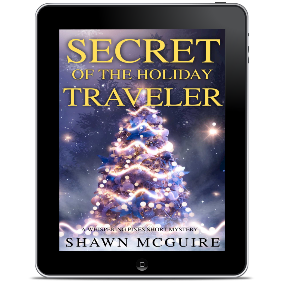 Digital book cover of 'Secret of the Holiday Traveler' by Shawn McGuire displayed on a tablet.