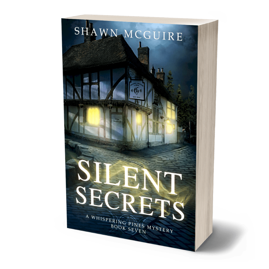 Book cover of 'Silent Secrets' by Shawn McGuire with a nighttime scene of a house.