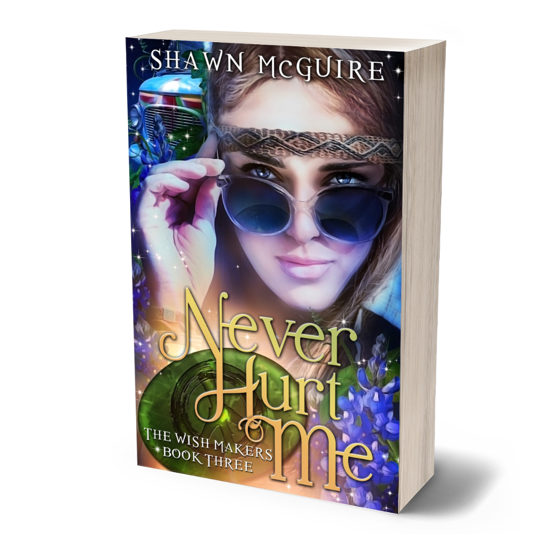 Book cover of 'Never Hurt Me' by Shawn McGuire with a person wearing sunglasses and a colorful background.