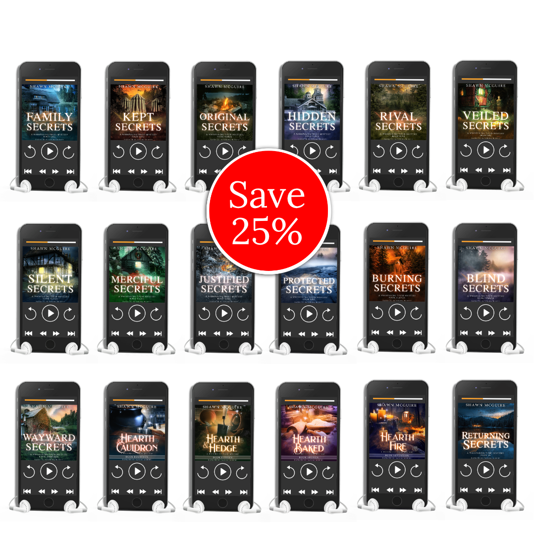 Row of 18 smartphone screens displaying audiobook images of Shawn McGuire's Whispering Pines mysteries series with a 'Save 25%' red circle overlay.