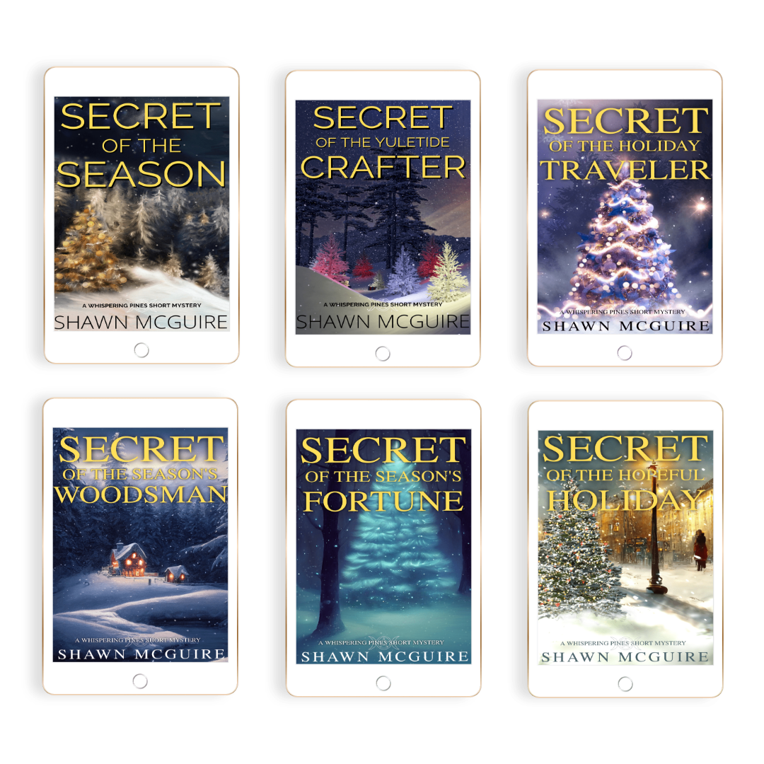 Six e-book images feature Shawn McGuire's Whispering Pines short mystery holiday novellas.
