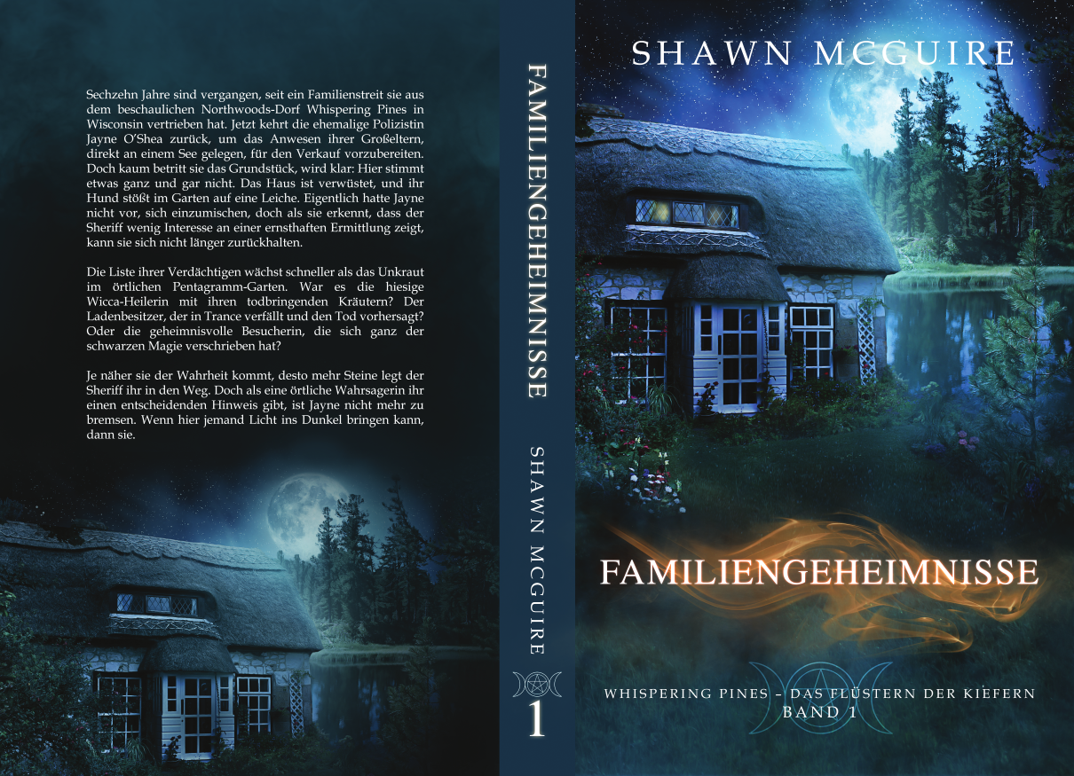 Vollständiges Taschenbuchcover für Shawn McGuires gemütlichen Krimi, der in Whispering Pines spielt und natürliche Waldelemente und eine geheimnisvolle Atmosphäre bietet.