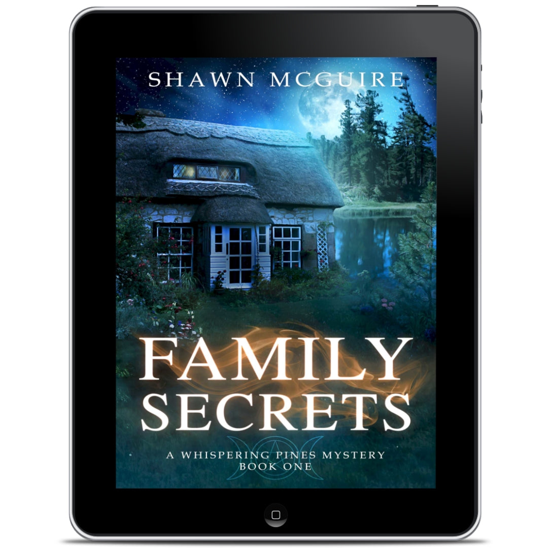 E-book cover on e-reader for Shawn McGuire’s cozy mystery set in Whispering Pines, featuring natural woodland elements and a mysterious ambiance.