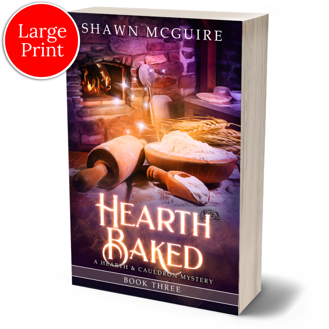 Cover of Shawn McGuire’s witch cozy midlife mysteries with a fireplace in background and large rolling pin.