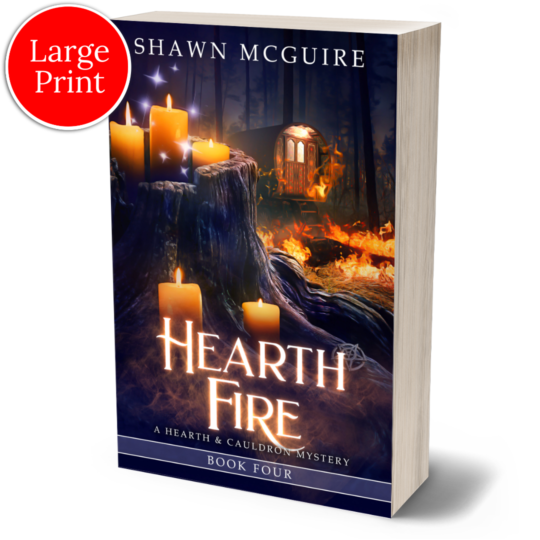 Cover of Shawn McGuire’s witch cozy midlife mysteries with a burning fortune teller wagon in background and lit candles on tree stump in foreground.