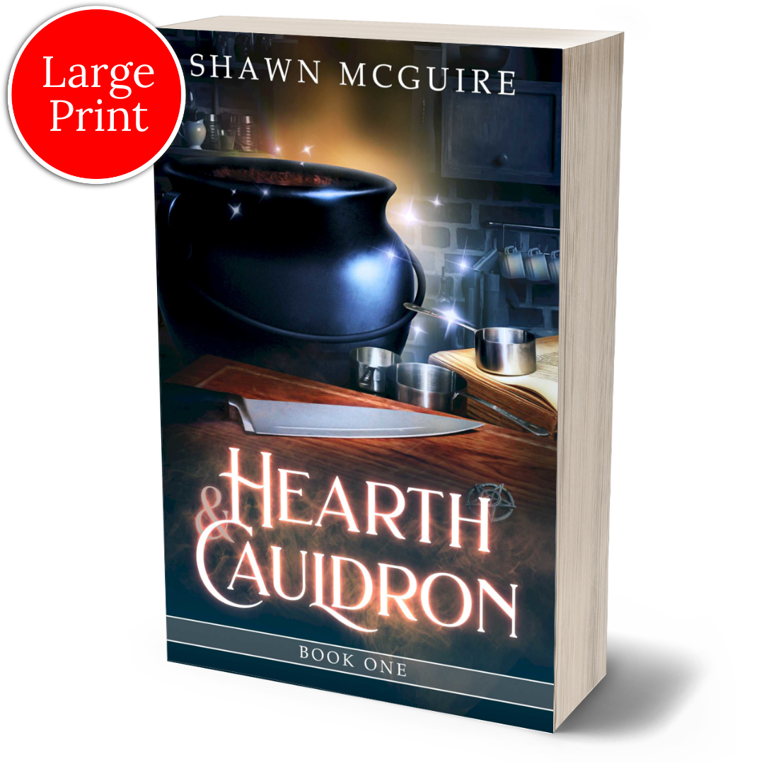 Cover of Shawn McGuire’s witch cozy midlife mysteries with a black cauldron and ominous kitchen knife.