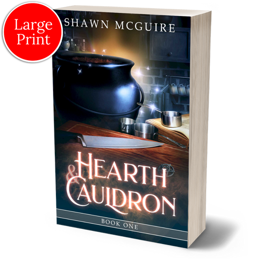 Cover of Shawn McGuire’s witch cozy midlife mysteries with a black cauldron and ominous kitchen knife.