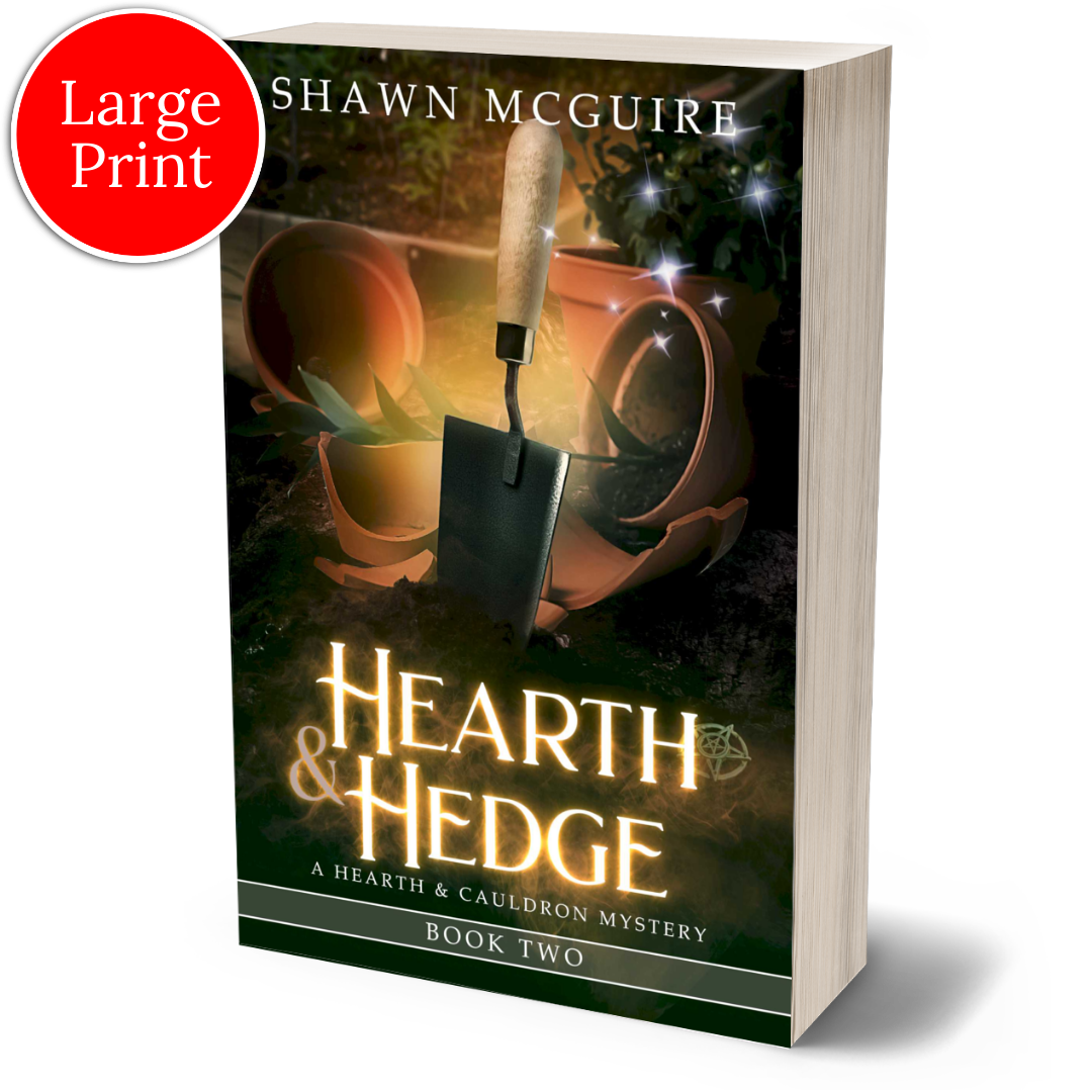 Cover of Shawn McGuire’s witch cozy midlife mysteries with broken plant pots and a hand trowel.