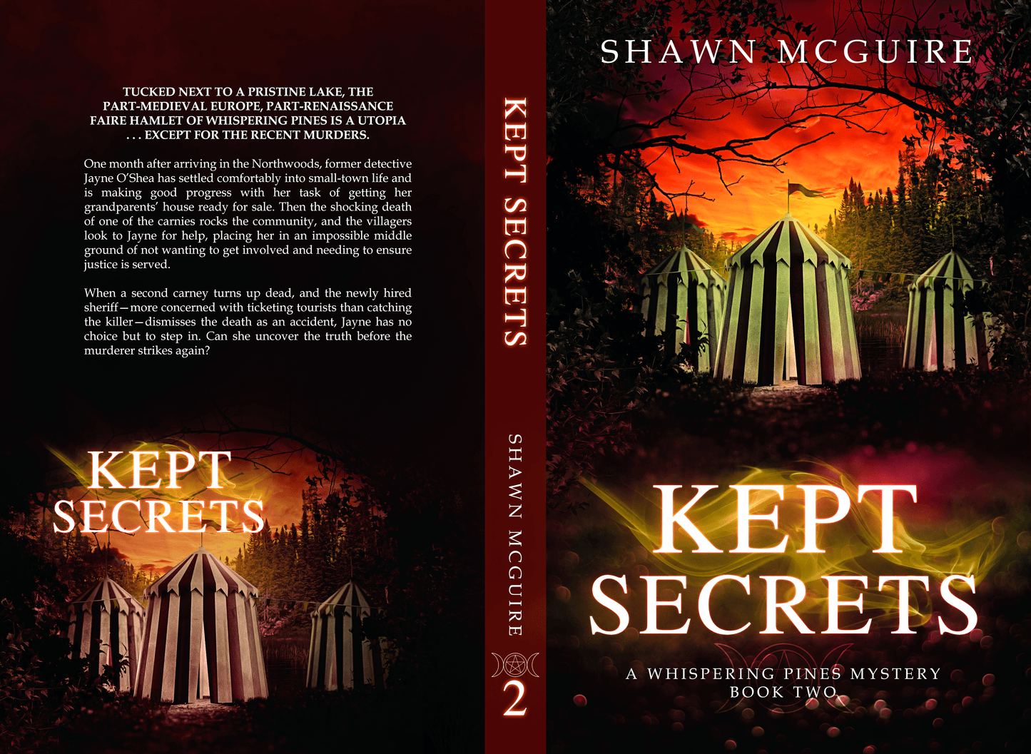 Front and back cover of Shawn McGuire's cozy murder mystery series set in Whispering Pines, featuring a mysterious woodland circus.