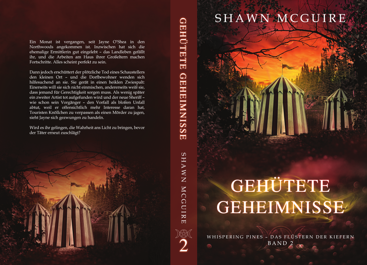Vorder- und Rückseite von Shawn McGuires gemütlicher Krimiserie, die in Whispering Pines spielt und in der es um einen mysteriösen Waldzirkus geht.