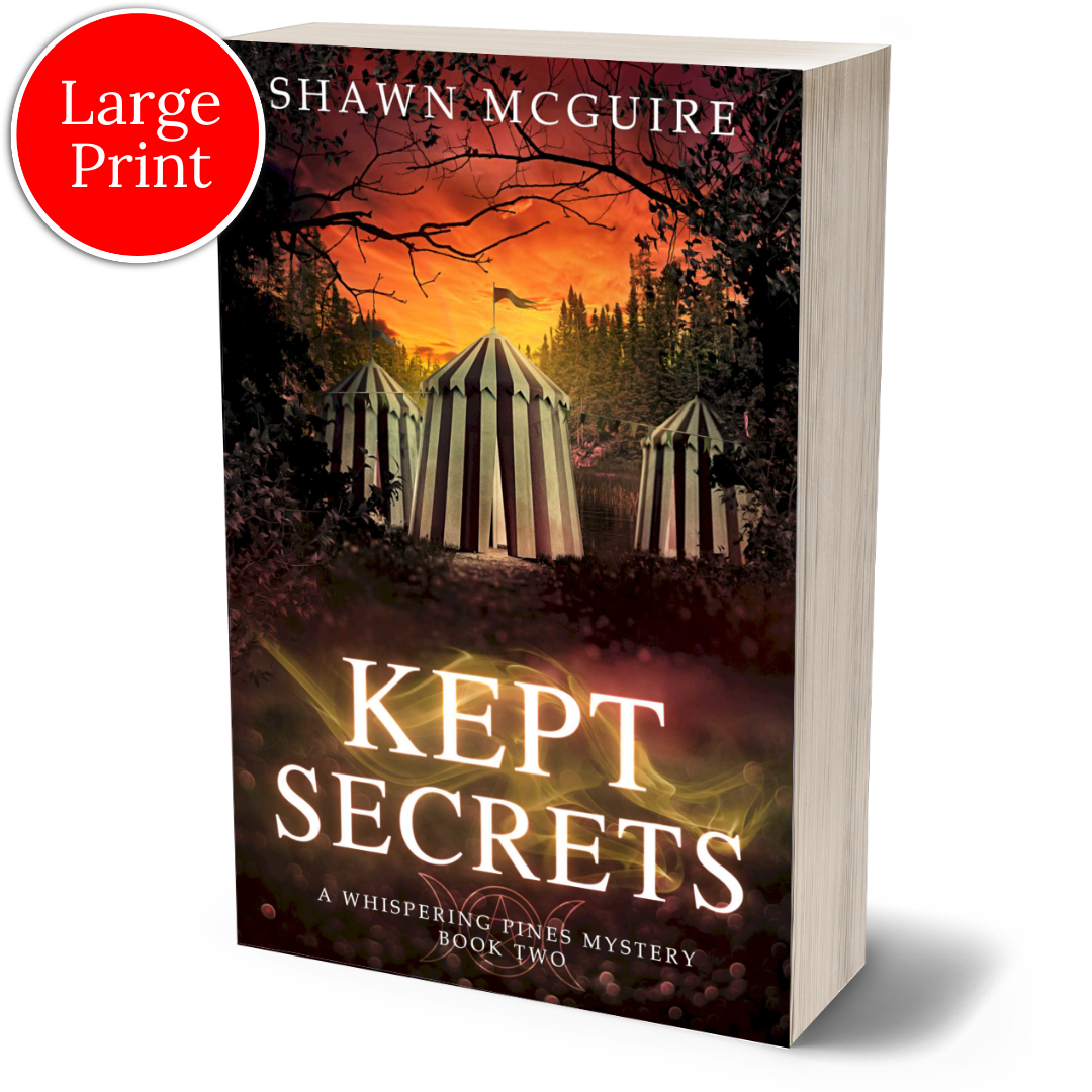 Cover of the large print paperback version of Shawn McGuire's cozy murder mystery series set in Whispering Pines, featuring a mysterious woodland circus.