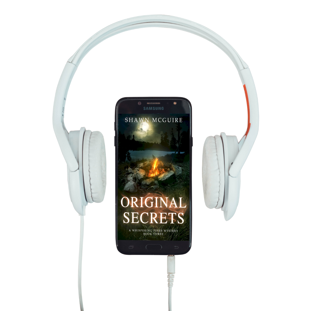 Audiobook cover on cellphone of Shawn McGuire's cozy murder mystery with a campfire by a lake at night with a full moon in the sky.