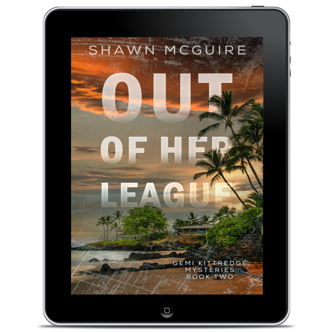 E-book cover on e-reader of Shawn McGuire's murder mystery with a compound of buildings on a tropical beach.