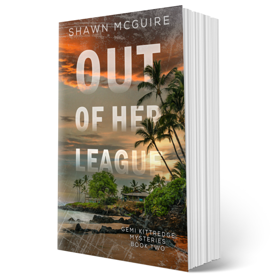 Cover of Shawn McGuire's murder mystery with a compound of buildings on a tropical beach.