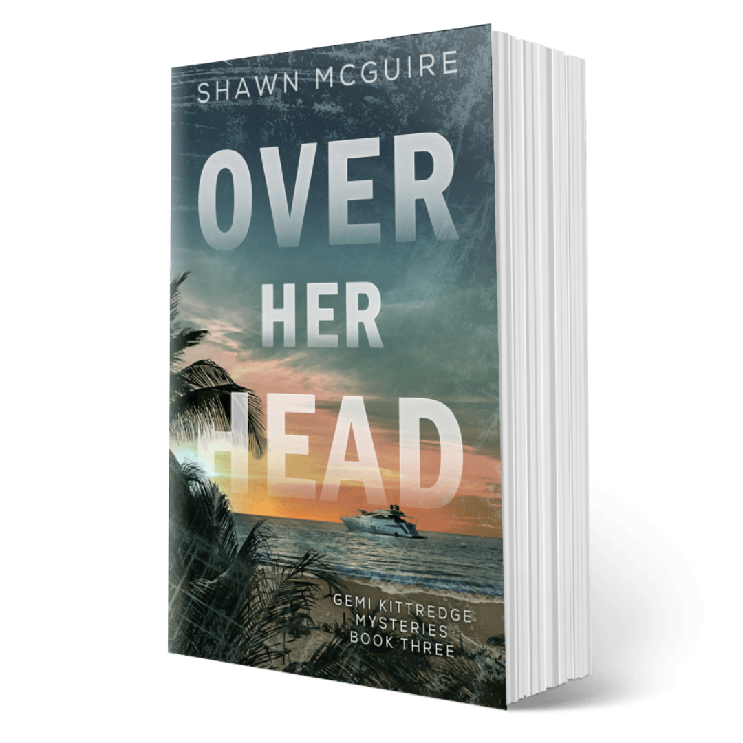 E-book cover on e-reader of Shawn McGuire's murder mystery featuring a view from the beach of a yacht on the ocean.