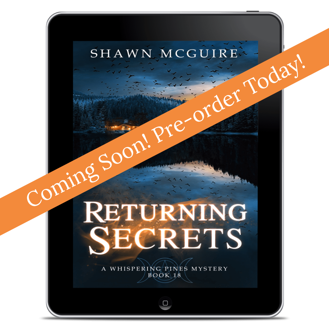 Digital book cover of 'Returning Secrets' by Shawn McGuire on a tablet screen with pre-order banner.
