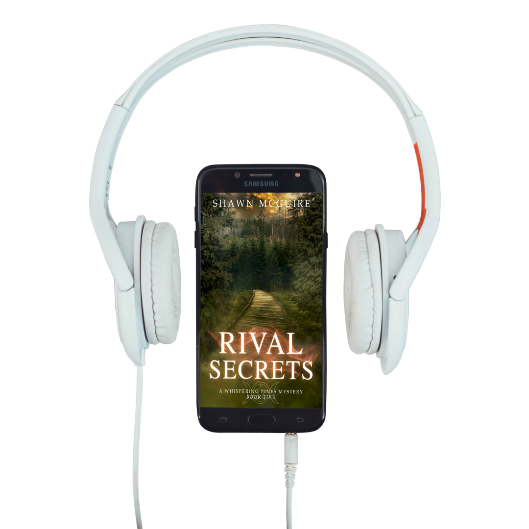 Audiobook cover on cellphone of Shawn McGuire's cozy murder mystery with a wood pathway leading into a dark, dangerous forest.