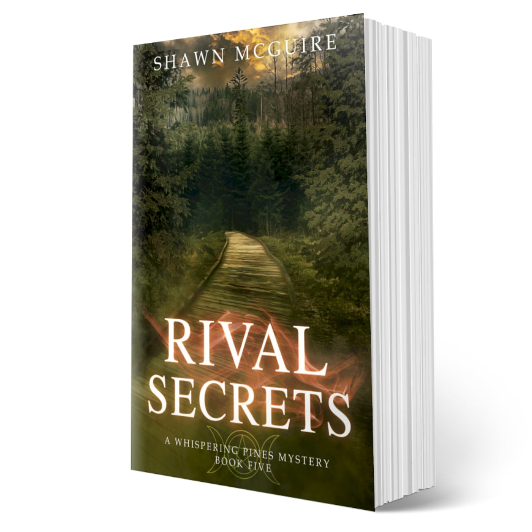 Cover of Shawn McGuire's cozy murder mystery with a wood pathway leading into a dark, dangerous forest.