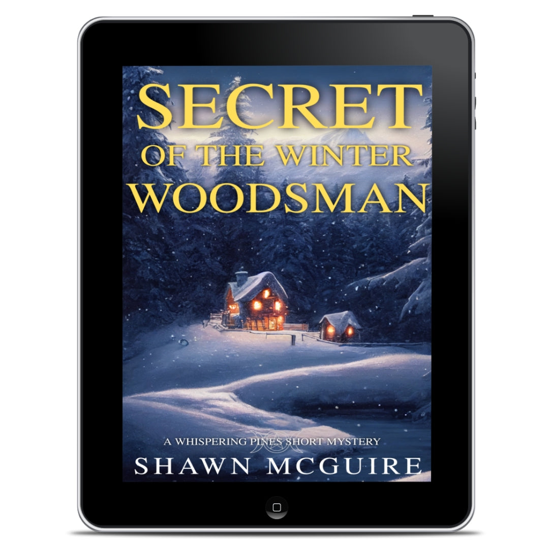 E-book cover on e-reader of Shawn McGuire's cozy murder mystery holiday novella featuring a cabin a snowy forest.