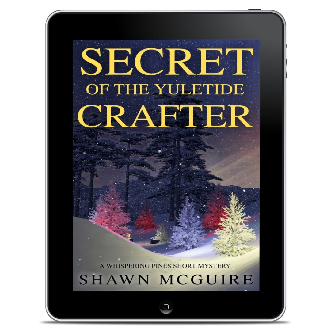 E-book cover on e-reader of Shawn McGuire's cozy murder mystery holiday novella featuring different colored Christmas trees in a snowy forest.