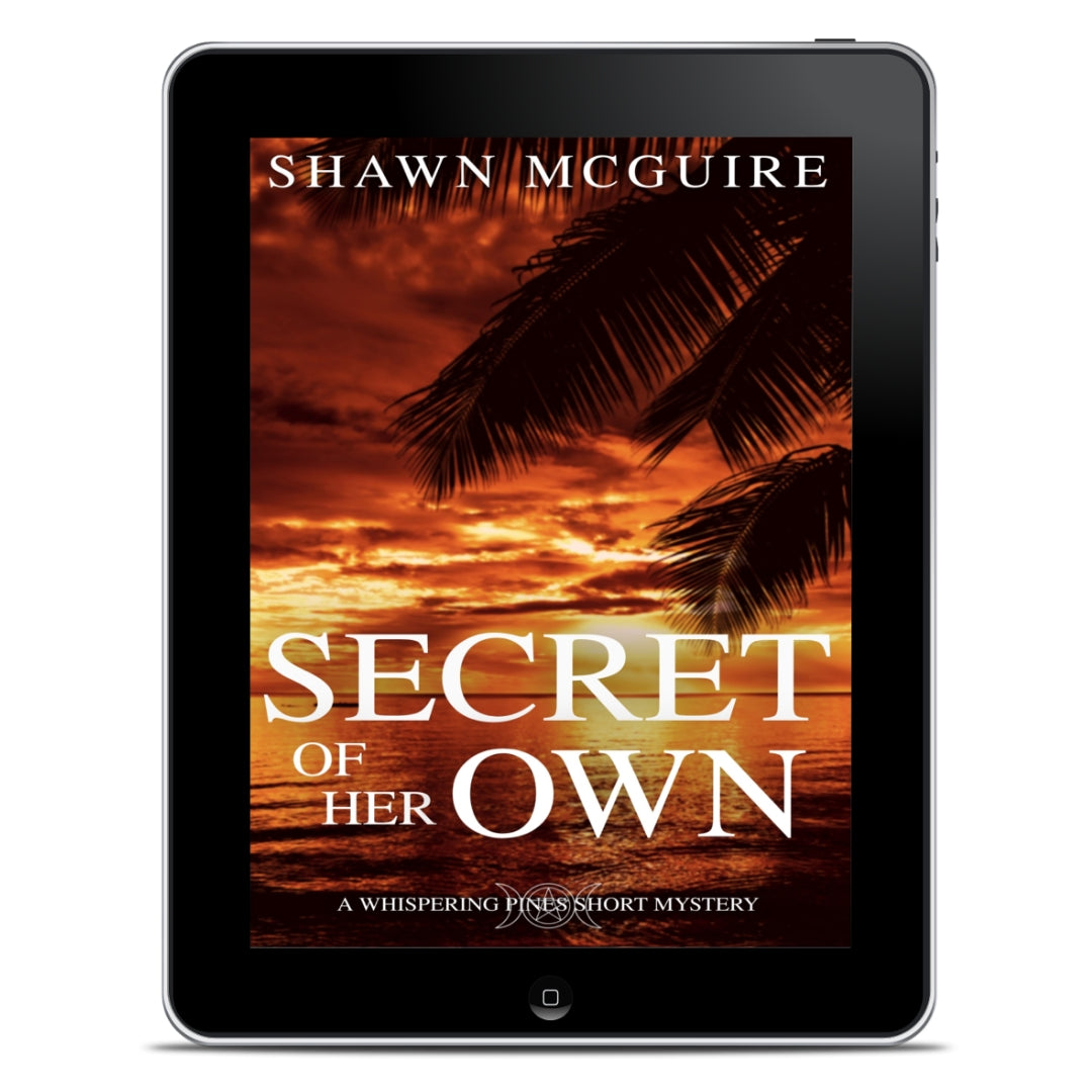 E-book cover on e-reader of Shawn McGuire's cozy murder mystery novella featuring palm trees and an ominous sunset over the ocean.