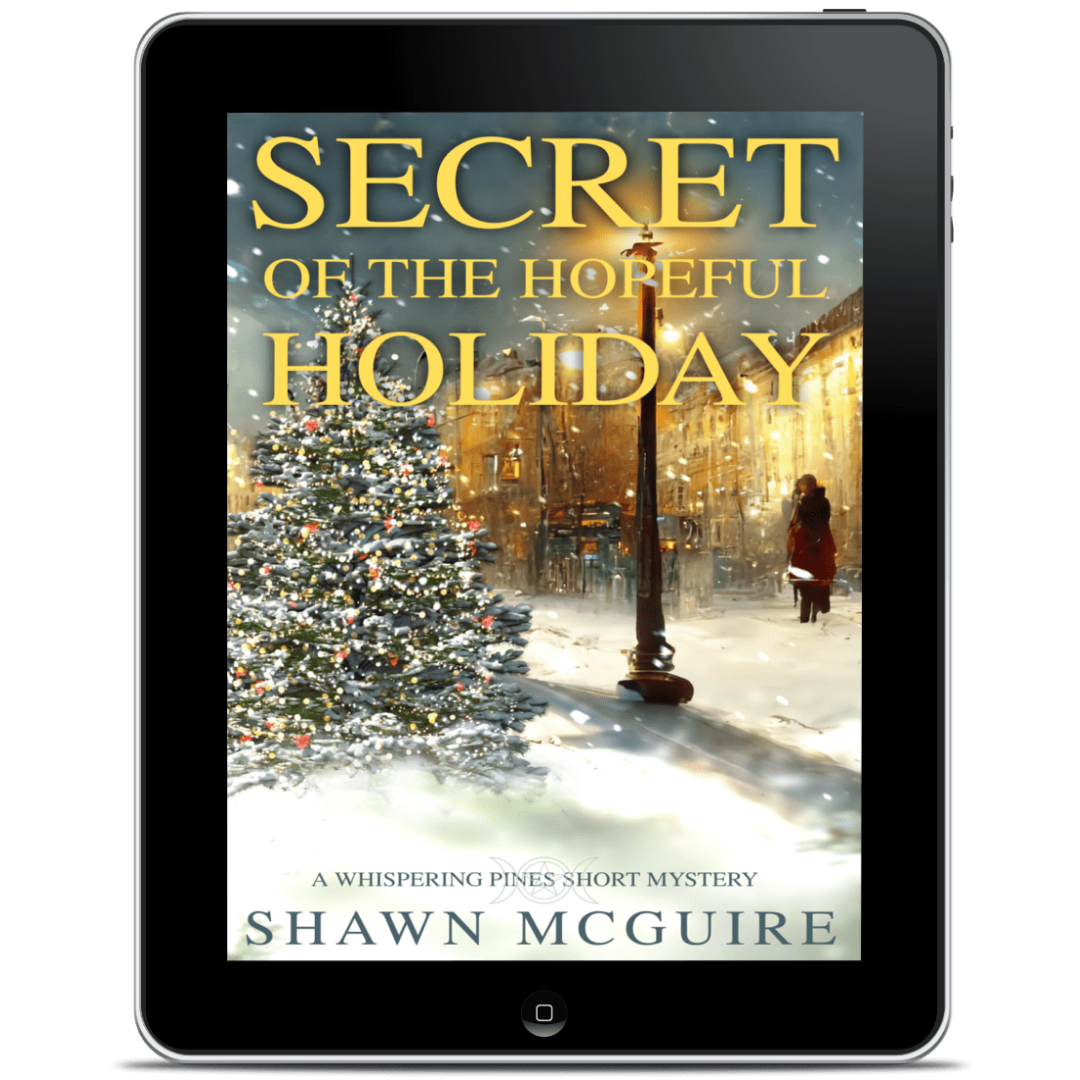 Digital book cover of Shawn McGuire's Whispering Pines mystery novella 'Secret of the Hopeful Holiday' displayed on a tablet