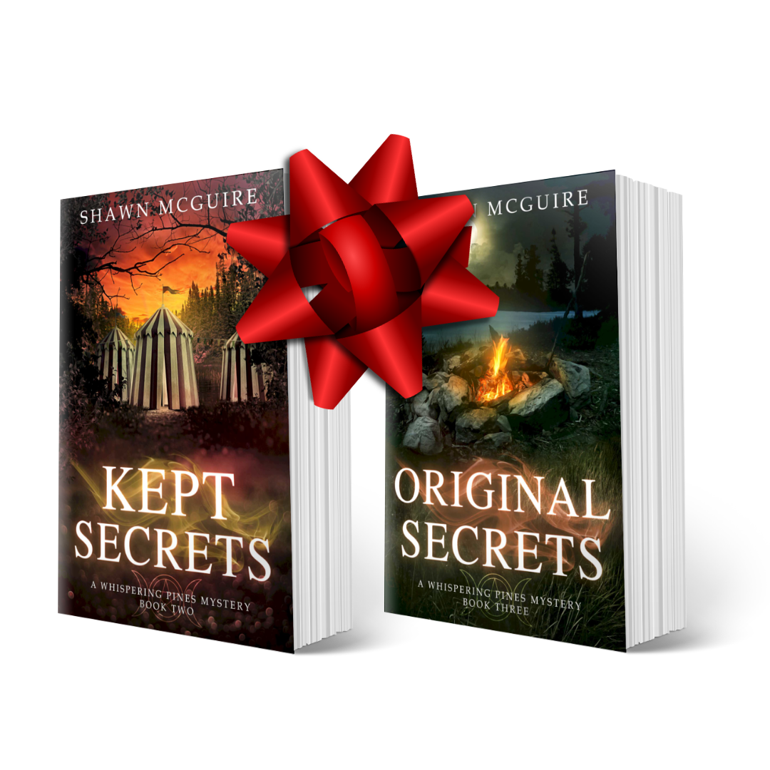 Two books titled 'Kept Secrets' and 'Original Secrets' with a red bow between them on a white background.