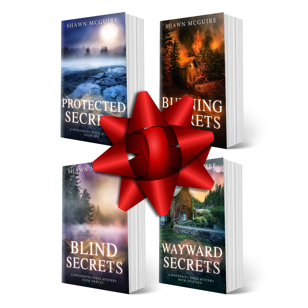 Four books titled 'Protected Secrets', 'Burning Secrets', 'Blind Secrets', and 'Wayward Secrets' by Shawn McGuire, with a red bow on a white background.