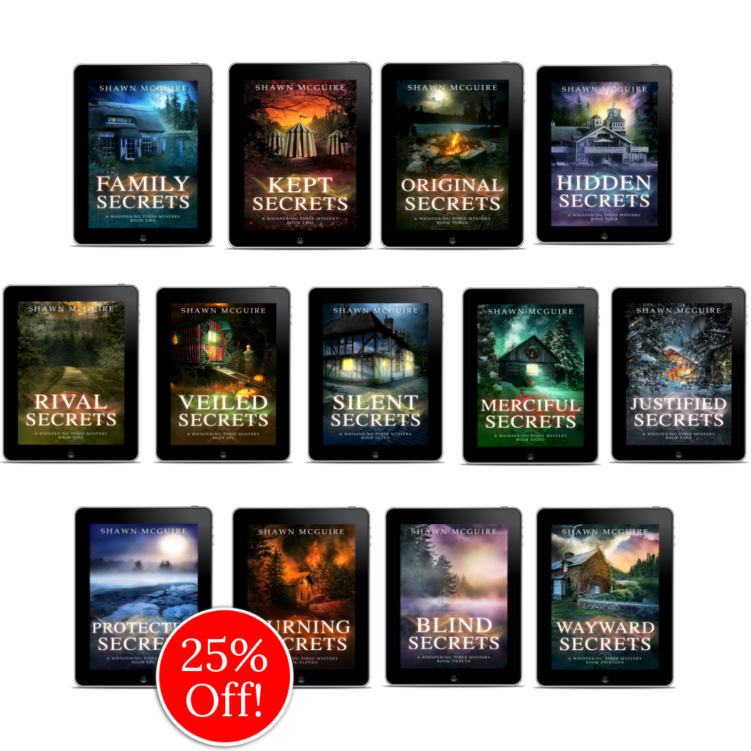 E-book covers on e-readers of Shawn McGuire 13-book cozy murder mystery series collection.