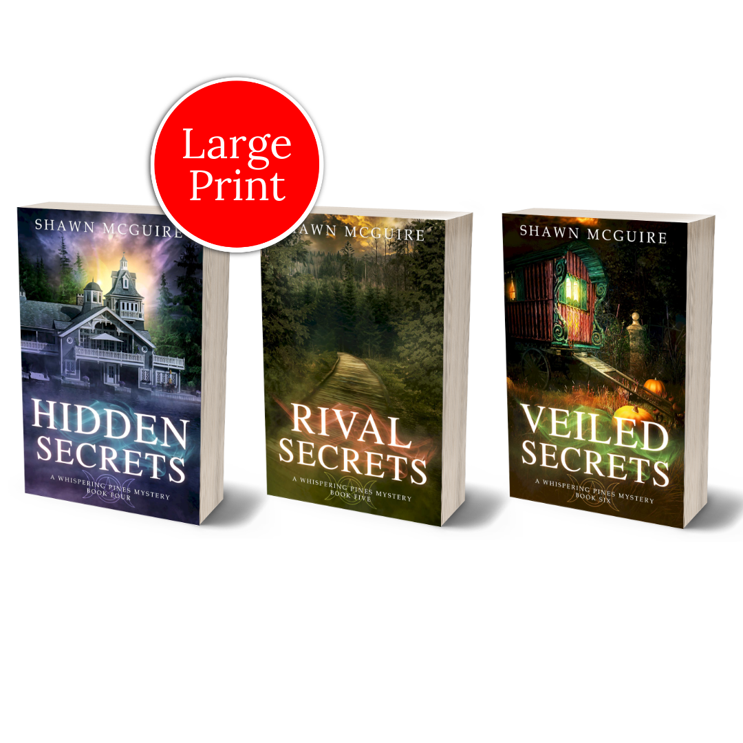 Large print paperback covers of Shawn McGuire’s 3-book cozy murder mystery series collection books 4-6.