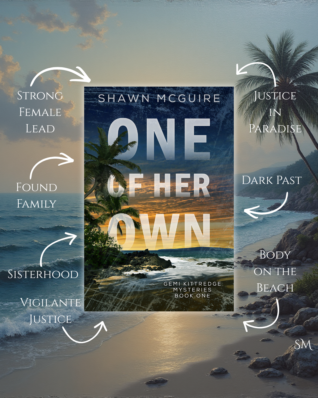 Book cover of 'One of Her Own' by Shawn McGuire with beach and palm tree scenery.