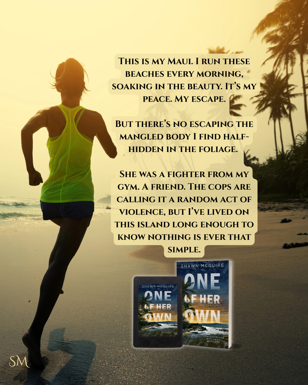 Person running on a beach with text and book covers displayed
