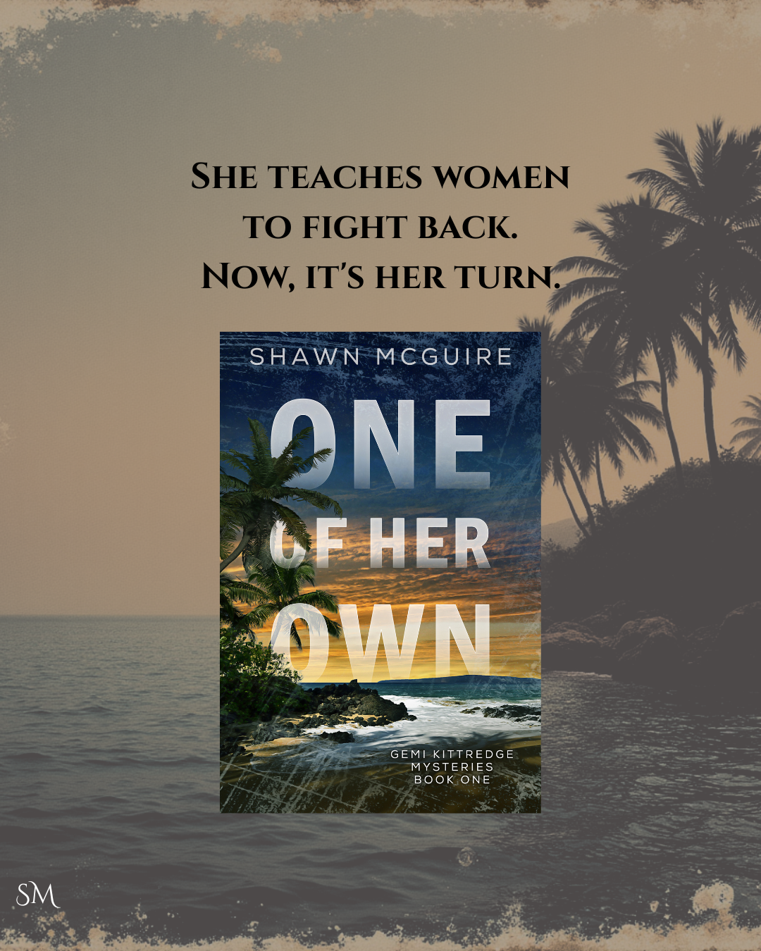 Book cover of 'One of Her Own' with a beach and palm tree background
