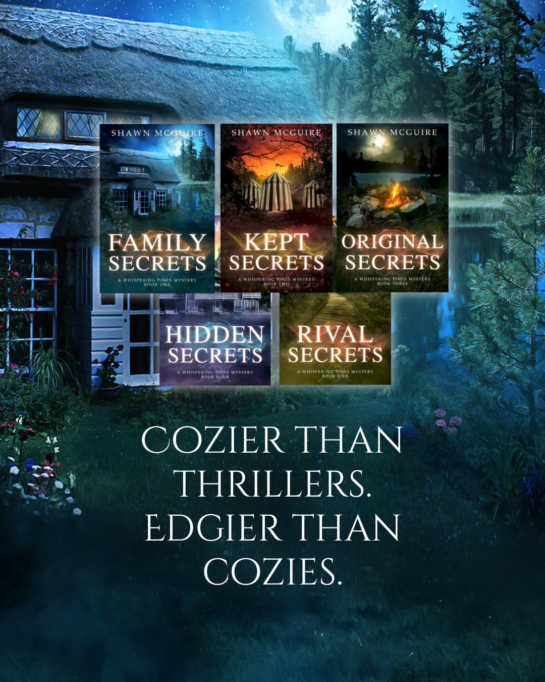 Book covers of 'Family Secrets', 'Kept Secrets', 'Original Secrets', 'Hidden Secrets', and 'Rival Secrets' with a house and trees in the background.