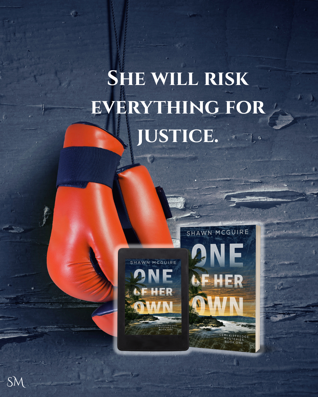 Orange boxing gloves hanging on a dark textured wall with 'One of Her Own' book and digital copy.