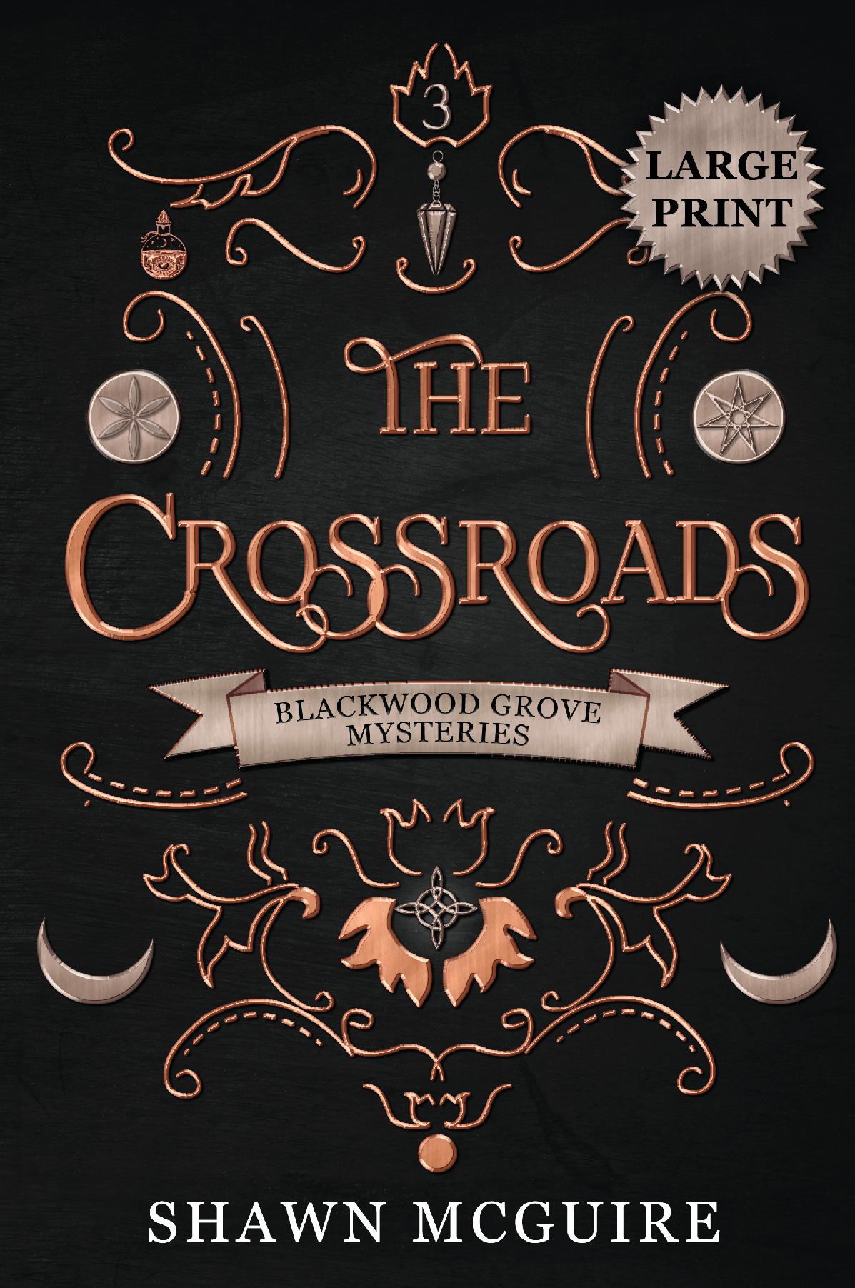 Book cover of 'The Crossroads' with decorative elements and 'Large Print' label on a dark background