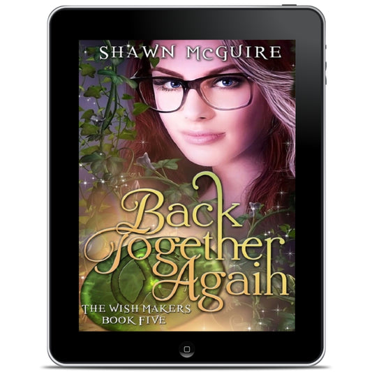 E-book cover on e-reader of Shawn McGuire’s young adult fantasy genie wishes series featuring ivy vines, and emerald stone, a teenage girl with dark hair and glasses.