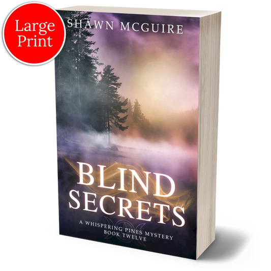 Cover of the large print paperback version of Shawn McGuire's cozy murder mystery series set in Whispering Pines, featuring a lake shrouded in fog.
