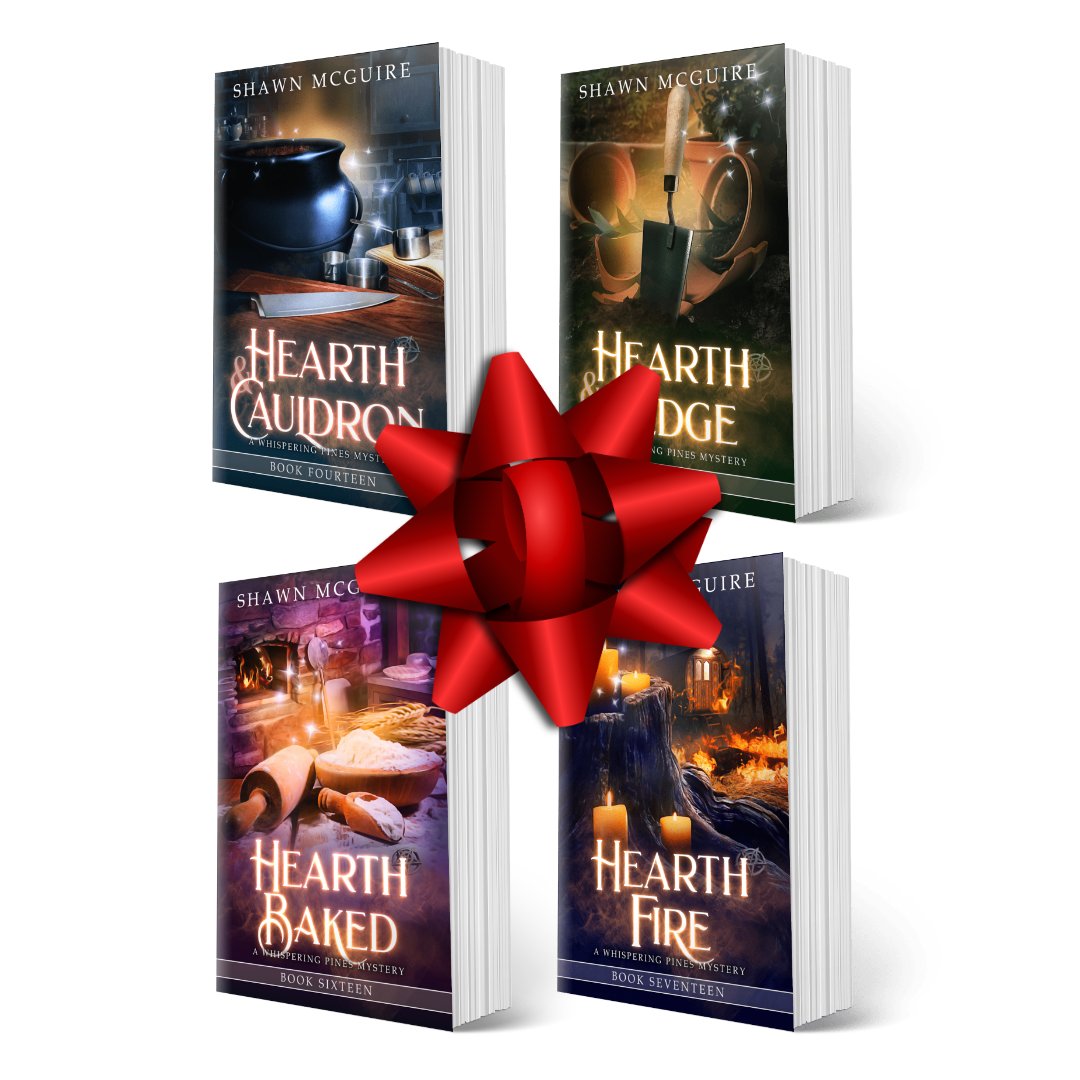 Book covers for books 14-17 of the Whispering Pines Mysteries series by Shawn McGuire on a white background with a red bow.