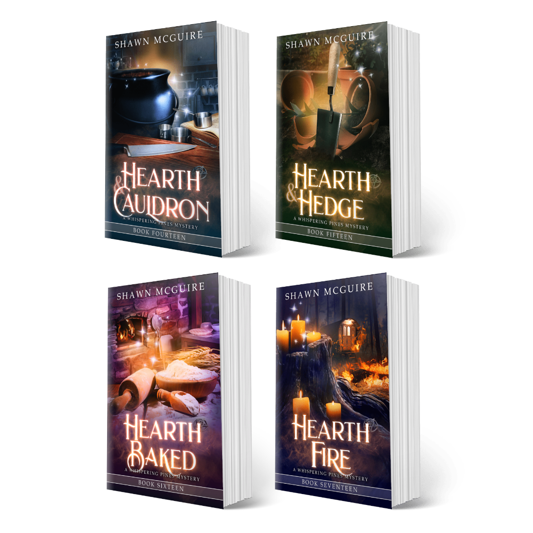 Book covers for books 14-17 of the Whispering Pines Mysteries series by Shawn McGuire on a white background