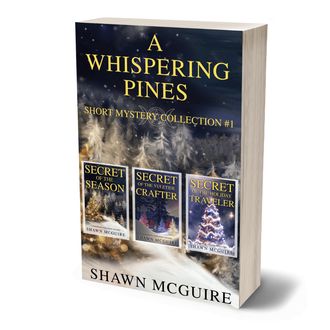 Book cover of 'A Whispering Pines Short Mystery Collection #1' by Shawn McGuire with a snowy landscape and three smaller book covers on a white background.