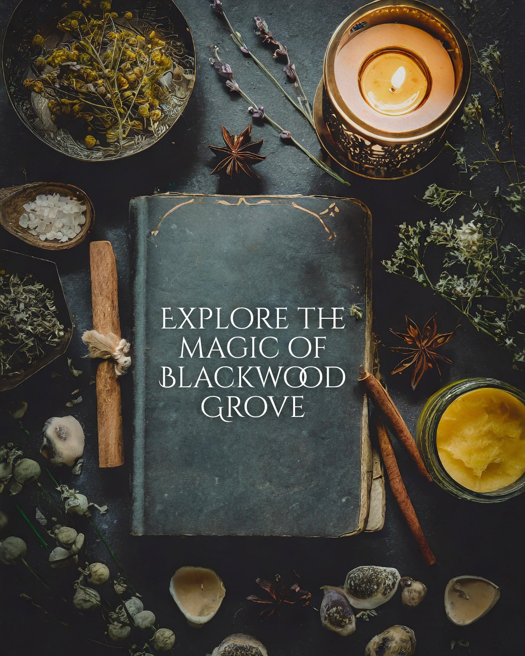 Book titled 'Explore the Magic of Blackwood Grove' surrounded by candles, herbs, and other mystical items on a dark surface.