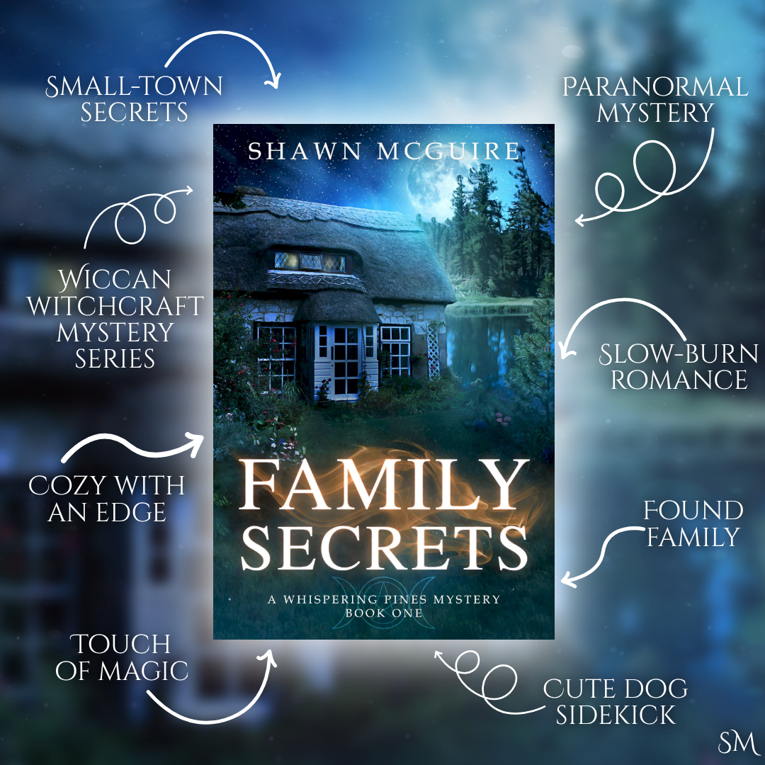 Book cover of 'Family Secrets' by Shawn McGuire with descriptive trope text on a blurred background