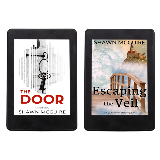 Two e-readers displaying book covers of fantasy short stories - 'The Door' and 'Escaping The Veil' - by Shawn McGuire.