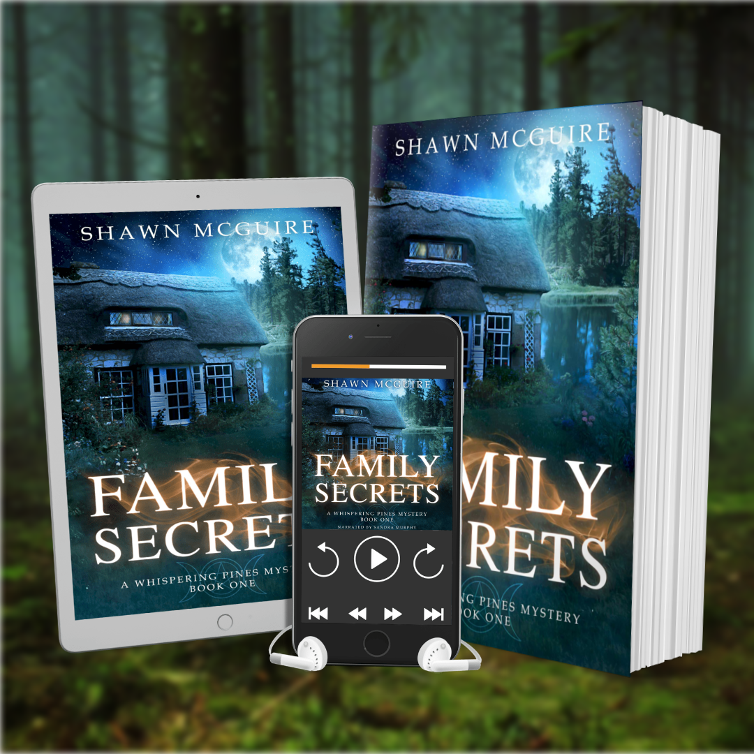 Book, tablet, and smartphone displaying 'Family Secrets' by Shawn McGuire on a forest background.