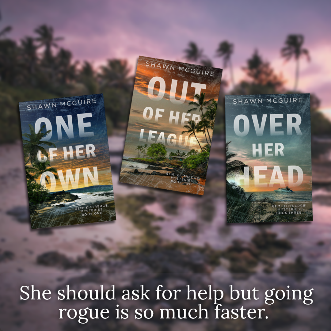 Three books by Shawn McGuire with a scenic background